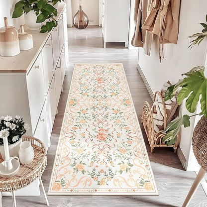 Washable Non-Slip Runner Rugs 2X6, Orange Rug Boho Farmhouse Bow Floral Area Rug for Hallway Kitchen Bedroom Beside Laundry Room Bathroom Rug, Low Pile Stain Resistant Soft Floor Carpet
