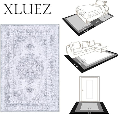 Area Rug 8x10 Living Room Rug, Machine Washable Vintage Distressed Medallion Rug Non-Slip Soft Low Pile Large Indoor Rugs for Bedroom Kitchen Dining Room Office(LightGrey,8'x10')