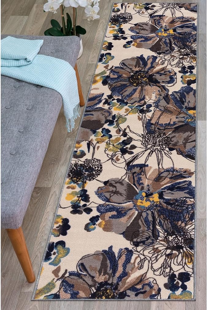 Rugshop Cream Bright Flowers Non Slip Non-Shedding Runner Rug for Hallway, Kitchen and Entryway, 2' x 10'