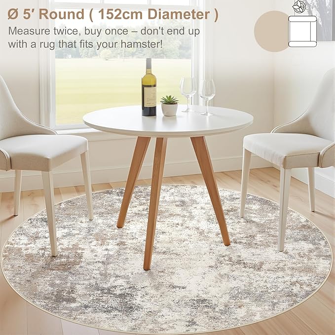5ft Round Area Rug Living Room Rugs - 5x5 Washable Neutral Modern Abstract Soft Thin Rug Indoor Floor No Slip Rug Carpet for Bedroom Under Dining Table Home Office Decor - Brown Grey
