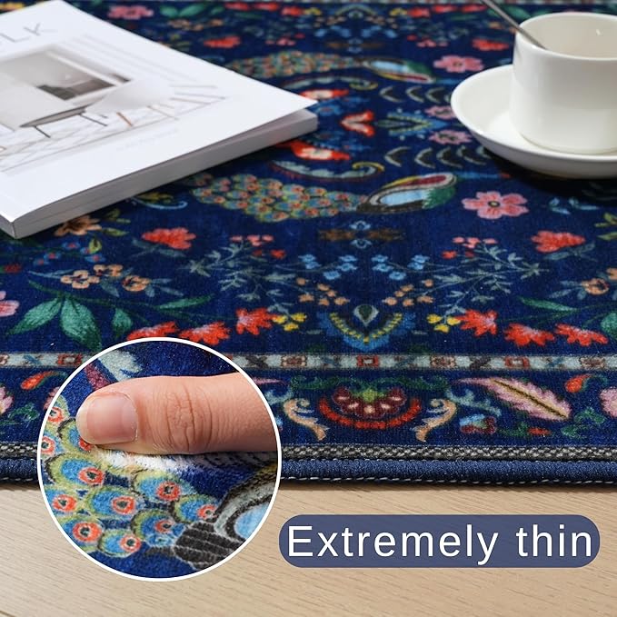Rugcomf Living Room Rug 5x7 Rug Machine Washable Area Rug Floral Non-Slip Low Pile Large Rugs for Living Room, Bedroom, Farmhouse, Dining Room, Kids Playroom(Blue)