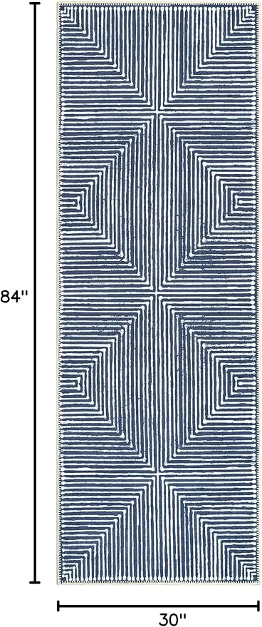 Bloom Rugs Washable Non-Slip 7 ft Runner - Blue Striped Runner for Entryway, Hallway, Bathroom, and Kitchen - Exact Size: 2.5' x 7'