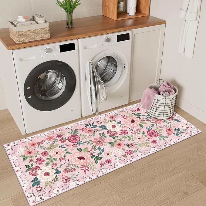 DUKINO 2x5 Runner Rug for Hallway, Washable Kitchen Floral Runner Rug with Non Slip Backing, Low Pile Soft Boho Carpet for Kitchen, Hallway, Entryway, Laundry, Bedroom, Pink