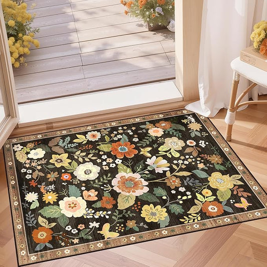 Floral 2x3 Area Rug Machine Washable Soft Print Boho Carpet Non Slip Doormat Low Pile Flower Area Rugs for Living Room Bedroom Nursery Kitchen Dining Room Indoor-Black/Yellow/Red