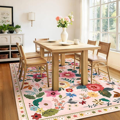 Floral 6x9 Area Rug Machine Washable Soft Print Boho Carpet Non Slip Doormat Low Pile Flower Area Rugs for Living Room Bedroom Nursery Kitchen Dining Room Indoor-Pink