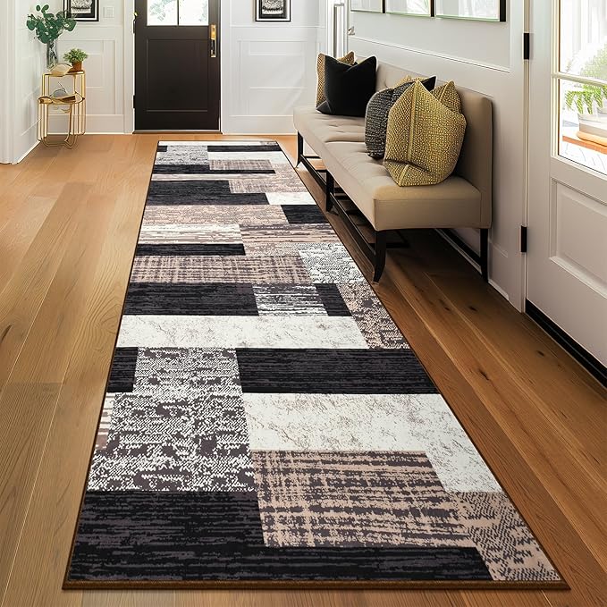 Indoor Runner Rug, Washable Runner Rug with Rubber Backing, Modern Geometric Patchwork Aesthetic Carpet for Bedroom, Living Room, Hallway, Entryway, Washable Rugs Rockwood Collection,2.7x8Ft Chocolate