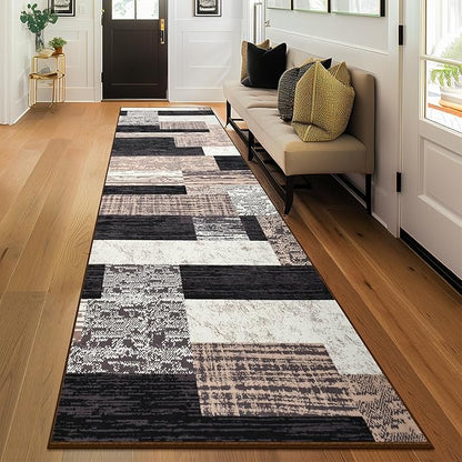 Indoor Runner Rug, Washable Runner Rug with Rubber Backing, Modern Geometric Patchwork Aesthetic Carpet for Bedroom, Living Room, Hallway, Entryway, Washable Rugs Rockwood Collection,2.7x8Ft Chocolate