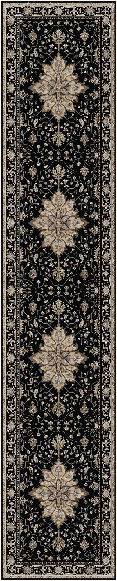 Area Rugs 2'6''x14' Washable Non-Slip, Floral Vintage Distress Print Pattern Medallion Carpet for Living Room Bedroom Dining Room, Black Brown Neutral Dark Tan