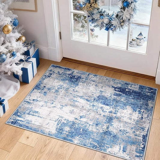 Washable Area Rugs 2'x3' Non-Slip Modern Abstract Soft for Living Room Entryway Bedroom Nursery, Print Pattern, Blue Grey Navy Gray