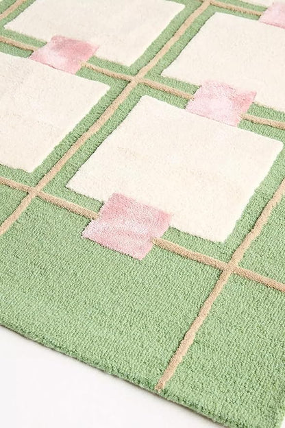Greer Wool Area Rug - Soft Hand-Tufted Geometric Design with Pink and Green Color Palette, Perfect for Modern Home Decor (4x7 Ft)