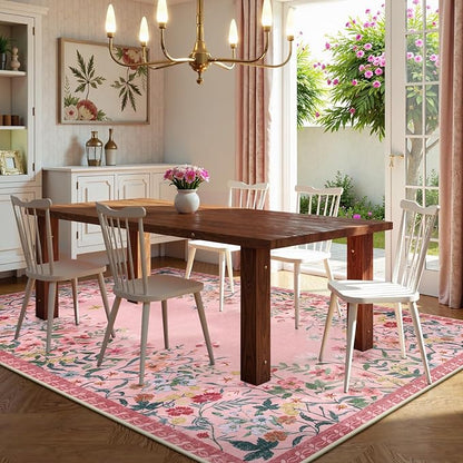 Lahome Boho Floral 5x7 Pink Rugs for Bedroom Girls, Non Slip Washable Nursery Rugs for Living Room, Pastel Indoor Throw Carpet for Dorm Classroom Playroom(Pink,5x7)
