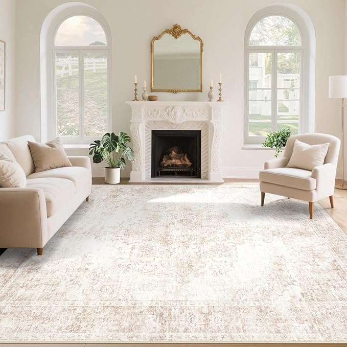 Vintage Living Room Area Rug - 9x12 Large Machine Washable Boho Moroccan Rug Distressed Farmhouse Rugs for Bedroom - Soft Non-Slip Indoor Carpet for Dining Room Office Nursery(Retro Beige, 9'x12')