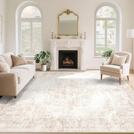 Vintage Living Room Area Rug - 9x12 Large Machine Washable Boho Moroccan Rug Distressed Farmhouse Rugs for Bedroom - Soft Non-Slip Indoor Carpet for Dining Room Office Nursery(Retro Beige, 9'x12')