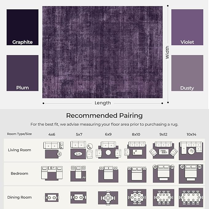 Kokia Abstract Area Rugs 9x12 Bedroom Washable Decor Low Pile Non-Slip Non-Shedding Indoor Carpet Foldable Stain Resistant Floor Mat Living Room Dining Room, Purple Rug, Oslo Dusty