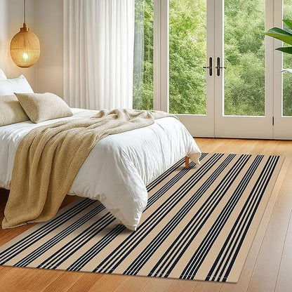 KOZYFLY Striped Outdoor Rug 5x7 Ft Area Rug Brown and Black Washable Indoor Outdoor Rug Cotton Outdoor Patio Rugs Farmhouse Rugs for Living Room Carpet for Patio Dining Room Bedroom