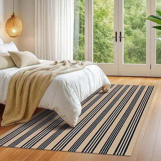 KOZYFLY Striped Outdoor Rug 5x7 Ft Area Rug Brown and Black Washable Indoor Outdoor Rug Cotton Outdoor Patio Rugs Farmhouse Rugs for Living Room Carpet for Patio Dining Room Bedroom