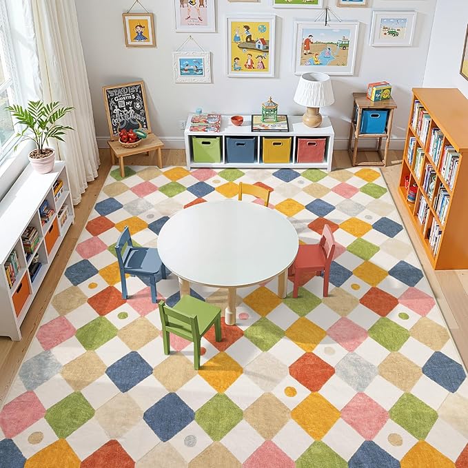 jinchan Macy Area Rug 8x10 Kids Washable Rug Indoor Floor Cover Non Slip Modern Soft Rug Playroom Diamond Carpet for Elementary School Classroom Nursery Daycare Living Room Bedroom Circus on Cream