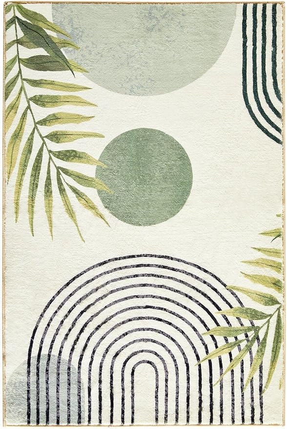 RoomTalks Mid Century Modern Washable Rug, Green Boho Cute Aesthetic 4x6 Area Rugs for Bedroom Dining Living Room Kitchen, Abstract Tropical Leaves Non Slip Thin Indoor Entryway Rug Throw Carpet
