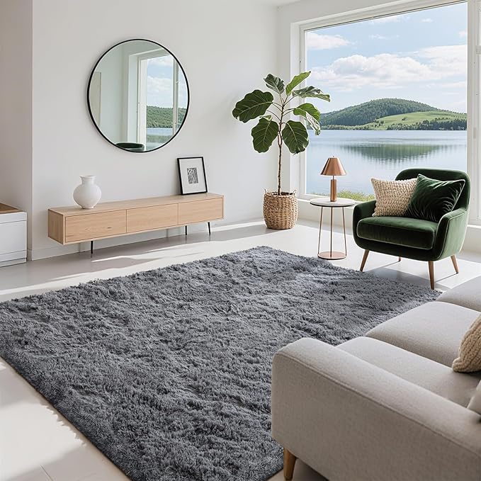 5x7 Area Rugs for Living Room Bedroom, Soft Fluffy Shaggy Bedside Rug, Indoor Floor Carpet for Kids Playroom, Dorms, Nursery Rooms, Home Decor (Grey 5'x7')