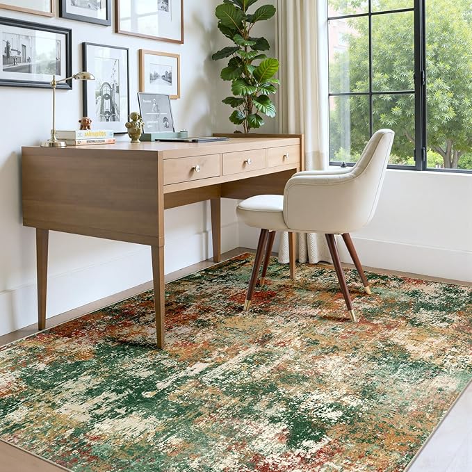 Washable Area Rugs 5'x8' Non-Slip Modern Abstract Soft for Living Room Entryway Bedroom Nursery, Print Pattern, Green Orange Rust Red Cream Colorful