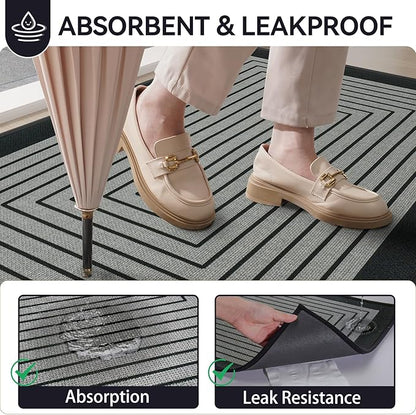 Front Door Mat 17''x30'', Absorbent Muddy Dirt Resist Washable Non Slip Low-Profile Indoor Doormat, Easy Clean Welcome Entryway Door Mats, Grey