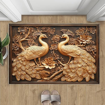 Peacock Rugs for Bedroom - 3x4 Rug, European Style Area Rugs for Living Room, Peacock Decor Carpet, Gold Peafowl Washable Area Mat, Luxury Carpet - Peafowl Home Decor & Gifts