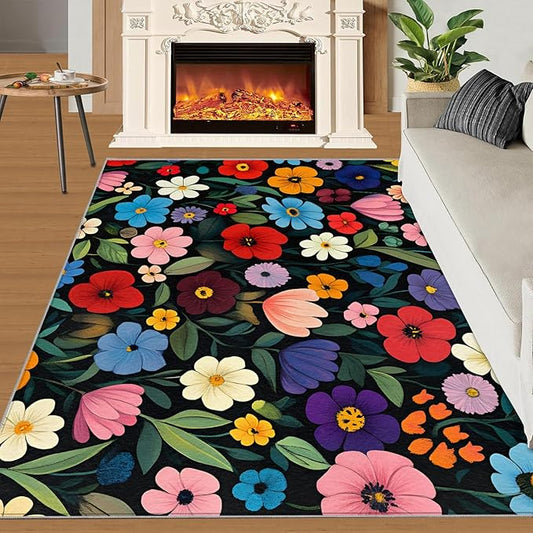 Boho Flowers Rugs for Bedroom - 3x5 Area Rug - Cartoon Flowers Rugs for Living Room, Abstract 3D Floral Rug, Non-Slip Washable Home Decor Carpet