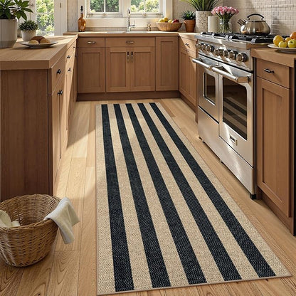 Lahome Striped Easy Jute Kitchen Runner, 2x8 Washable Runner Rug for Hallway Entryway, Farmhouse Non Slip Non Shedding Black Indoor Outdoor Carpet for Entry Porch