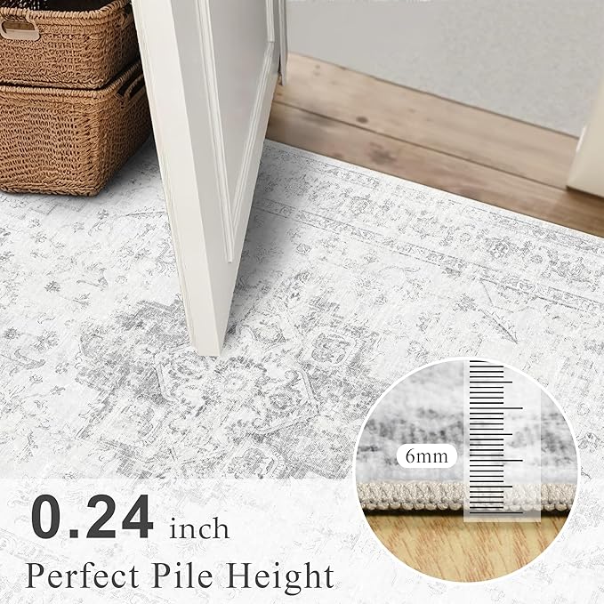 2x6 Hallway Washable Runner Rug Vintage Non-Slip Soft Kitchen Mat Boho Medallion Distressed Farmhouse Carpet Floral Low Pile Indoor Throw Rug for Entryway Bathroom Living Room Bedroom, Gray