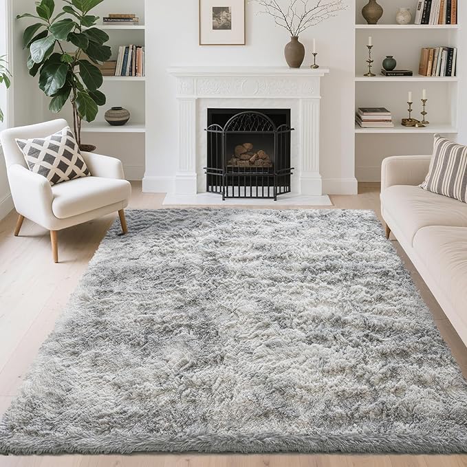 5x7 Area Rugs for Living Room Bedroom, Soft Fluffy Shaggy Bedside Rug, Indoor Floor Carpet for Kids Playroom, Dorms, Nursery Rooms, Home Decor (Tie-Dyed Light Grey 5'x7')