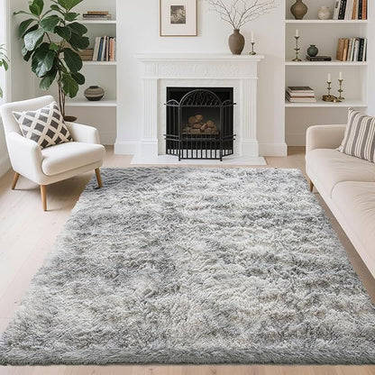 5x7 Area Rugs for Living Room Bedroom, Soft Fluffy Shaggy Bedside Rug, Indoor Floor Carpet for Kids Playroom, Dorms, Nursery Rooms, Home Decor (Tie-Dyed Light Grey 5'x7')