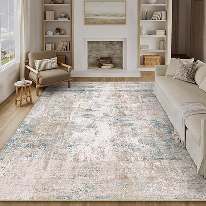 9x12 Area Rug Beige Blue Abstract Living Room Bedroom Washable Carpet Neutral Modern Non Slip Soft Low Pile Large Throw Rug for Dining Room Kitchen Office