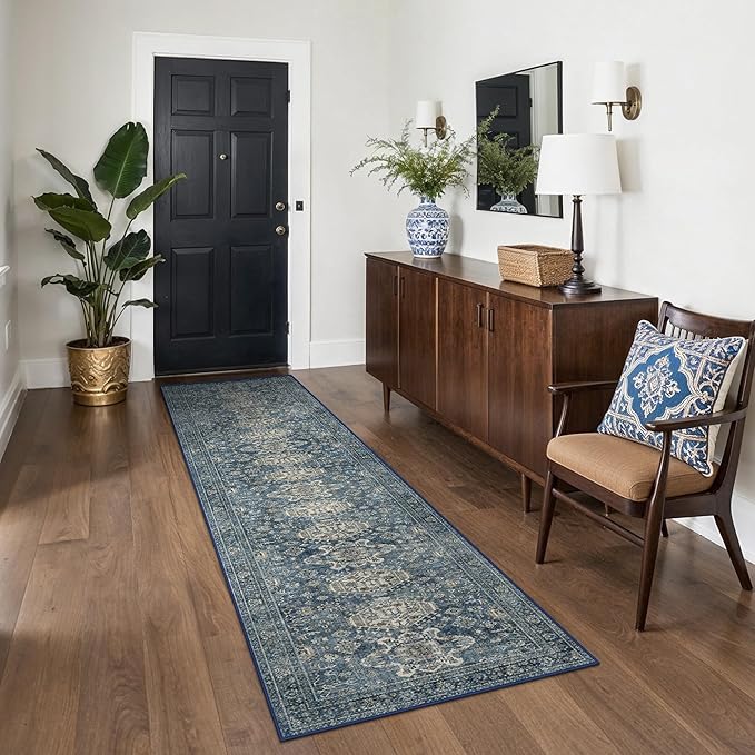 Bavni Washable Runners for Hallways 2X10, Ultra-Thin Non Slip Long Runner Rug, Print Vintage Aesthetic Carpet Runner, Low Pile Rugs for Kitchen Porch Bedroom, Blue