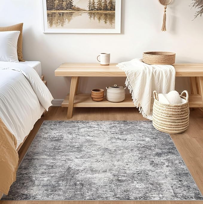 Square Area Rugs : Washable 5x5 Neutral Modern Abstract Carpet for Living Room Bedroom - Soft Floor Mat with Non Slip Backing for Kitchen Nursery Dorms Farmhouse Home Decor - Grey