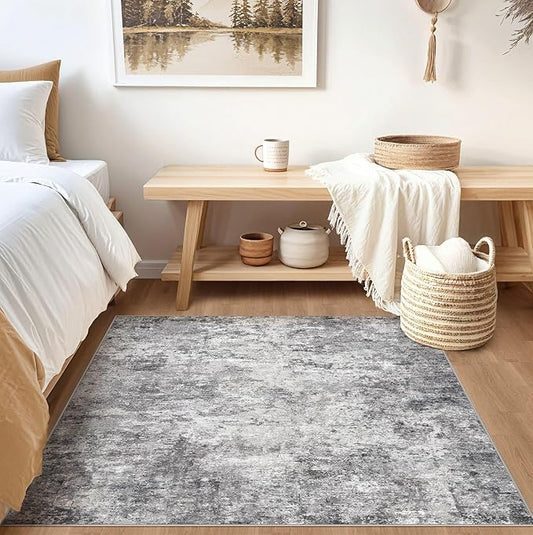 Square Area Rugs : Washable 5x5 Neutral Modern Abstract Carpet for Living Room Bedroom - Soft Floor Mat with Non Slip Backing for Kitchen Nursery Dorms Farmhouse Home Decor - Grey
