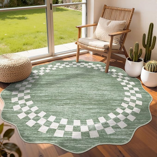 GarveeHome Scalloped Round Rug 4ft Modern Solid Color Circle Rugs Non Slip Low Pile Living Room Throw Carpat Washable Bedroom Scalloped Round Area Rug Stain Resistant Bordered Rug for Kitchen, Green