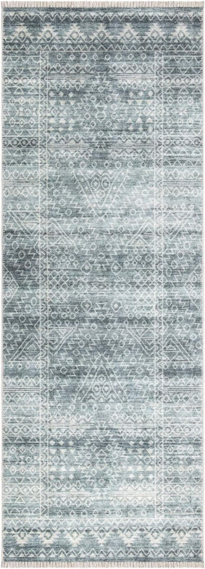 Bloom Rugs Caria Washable Non-Slip 12 ft Runner - Teal/Ivory Geometric Runner for Entryway, Hallway, Bathroom, and Kitchen - Exact Size: 2'6" x 12'