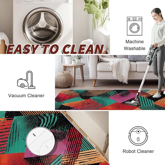 Abstract Rug, Colorful Geometric Patchwork Area Rugs 5x6, Retro Aesthetic Non Slip Thin Carpets House Decor #C032
