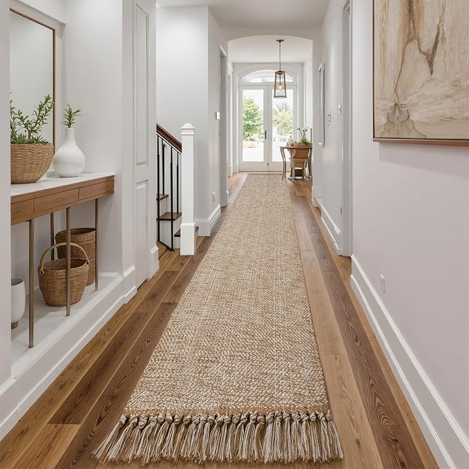 Collive Boho 18 ft Long Runner Rug for Hallway, Washable Kitchen Runner, Cotton Hand-Woven Farmhouse Neutral Carpet Runners, Tan/Cream Low Pile Entryway Floor Runners for Bedroom