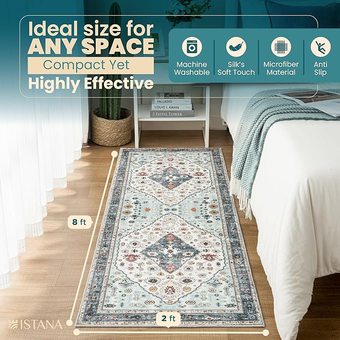 Istana Hallway Runner Rug 2x8 – White Cream/Blue Entryway Rug -Silk's Soft Touch Runners for Hallways - Stylish Kitchen Runner Rug Non Slip