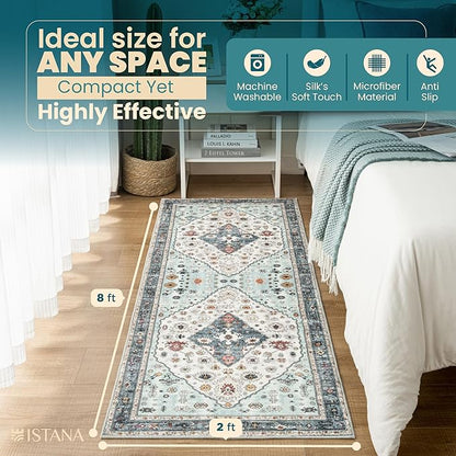 Istana Hallway Runner Rug 2x8 – White Cream/Blue Entryway Rug -Silk's Soft Touch Runners for Hallways - Stylish Kitchen Runner Rug Non Slip