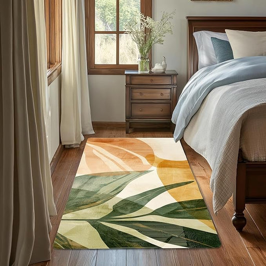 Boho Tropical Leaves Washable Living Room Area Rug, Low Profile Abstract Pattern, 3x5 Non-Slip Backing Carpet for Kitchen, Bedroom, Dining Room