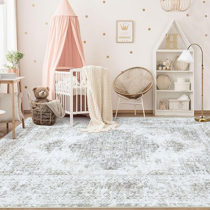 Area Rug 6x9 Living Room Rug, Machine Washable Vintage Distressed Medallion Rug Non-Slip Soft Low Pile Large Indoor Rugs for Bedroom Kitchen Dining Room Office(Taupe,6'x9')