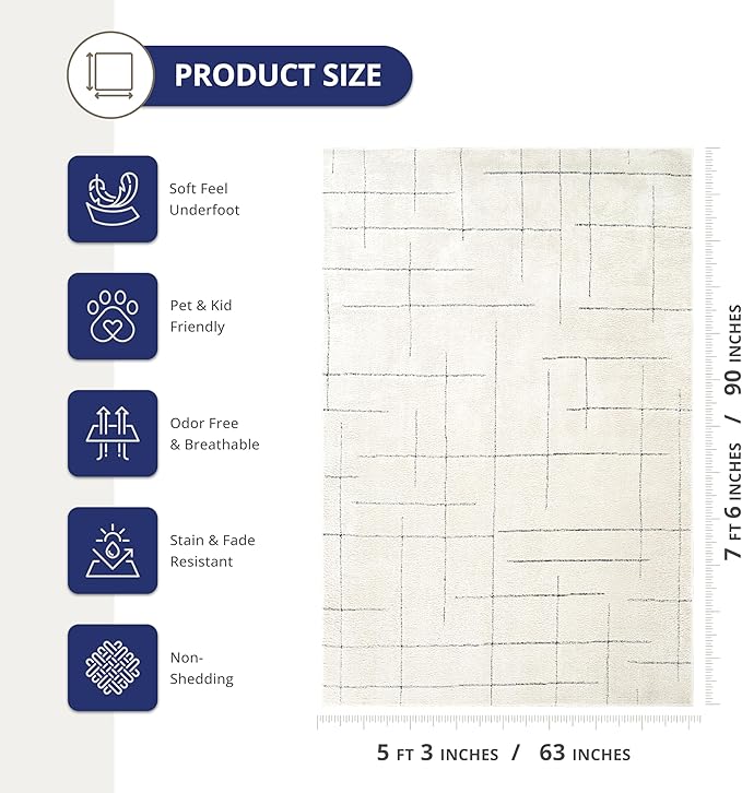 Abani Cream Area Rug – 5' x 8' – Oliver Collection – Striped Pattern – Non-Shedding, Easy to Clean – Durable for Living Room, Bedroom, or Office, Pet & Child Friendly