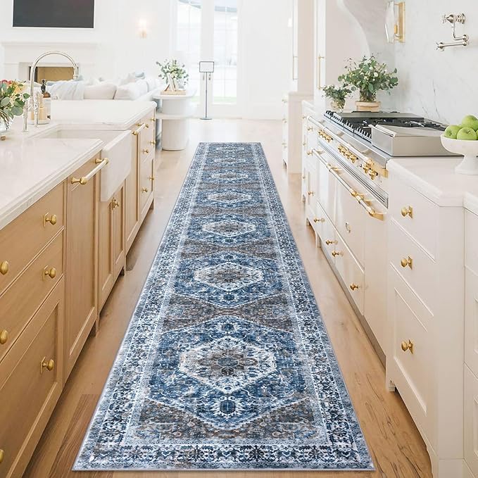 KOZYFLY Runners for Hallways 2.6x18 Ft Extra Long Washable Kitchen Runner Rug Boho Runner Rug for Entryway Indoor Blue Printed Oriental Faux Wool Stair Floor Carpet Runner for Stair Kitchen Hall