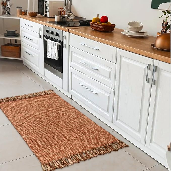 Collive Small Bathroom Rug, 2' x 3' Hand-Woven Low Profile Front Entryway Rug, Terracotta Cotton Reversible Washable Kitchen Rug Modern Farmhouse Carpet for Foyer Bedroom Front Door Fall Decor