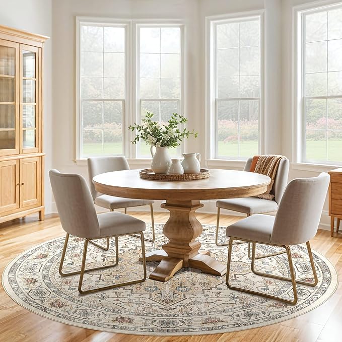 Round Rug Living Room Rugs: 10x10 Washable Boho Neutral Large Circle Soft Indoor Floral Stain Resistant Floor Farmhouse Carpet for Bedroom Nursery Kids Playroom Office Dining Room- Cream Blue