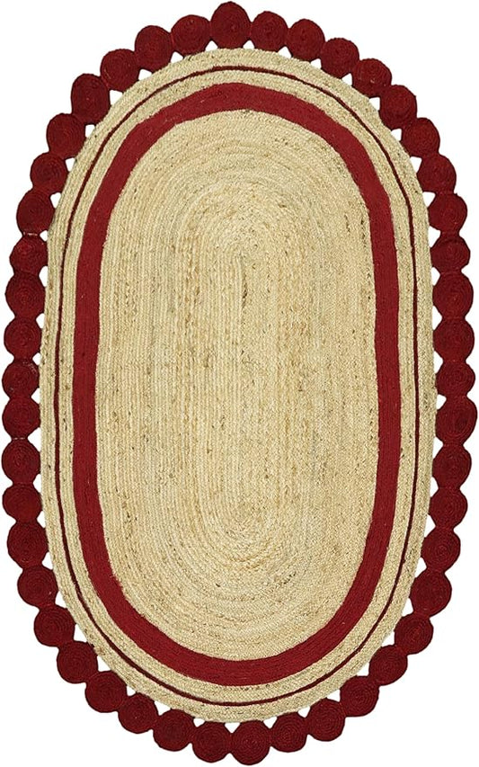 4x7 Kilim Oval Rug – Flatweave Hand Braided Jute, 0.27" Thick, Solid Red Beige Handmade Boho Style Carpet for Bedroom, Living Room, Dining Room – Oval Design