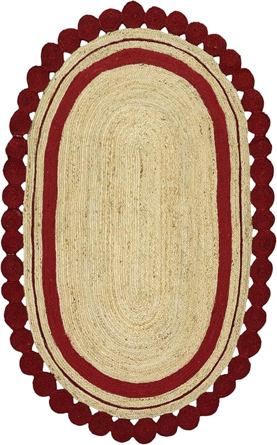2.6x10 Oval Jute Runner – Natural Hand Braided Jute, Handmade Boho Rug, 0.27" Thick Flatweave, Solid Red Beige Oval Runner for Kitchen, Hallway, Entryway
