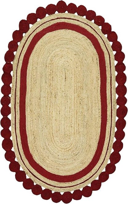 2.6x10 Oval Jute Runner – Natural Hand Braided Jute, Handmade Boho Rug, 0.27" Thick Flatweave, Solid Red Beige Oval Runner for Kitchen, Hallway, Entryway